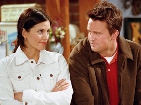 Monica (Courteney Cox) and Chandler (Matthew Perry) in a scene from Friends.