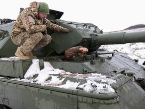 A Ukrainian soldier stands on a Leopard 1A5 tank