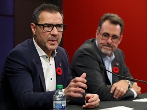 The Ottawa Senators' new owner, Michael Andlauer, right, and Steve Staios, the newly hired president of hockey operations, hold a press conference at the Canadian Tire Centre Wednesday to announce that the team's general manager, Pierre Dorion, has been shown the door after eight years in the role.