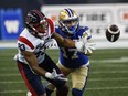 The Montreal Alouettes and Winnipeg Blue Bombers will square off in the CFL championship game, marking the first time the two franchises have ever met in the Grey Cup. Winnipeg Blue Bombers' Redha Kramdi (17) defends against Montreal Alouettes' Regis Cibasu (83) during first half CFL action in Winnipeg Thursday, August 24, 2023.