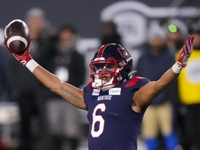 Once again, the Grey Cup provided Cory Philpot with a myriad of emotions. Montreal Alouettes wide receiver Tyson Philpot (6), son of Cory Philpot, celebrates after scoring a touchdown against the Winnipeg Blue Bombers during the second half of football action at the 110th CFL Grey Cup in Hamilton, Ont., on Sunday, November 19, 2023.