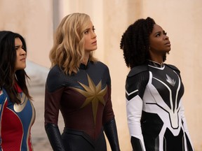 From left, Iman Vellani, Brie Larson and Teyonah Parris in “The Marvels.”