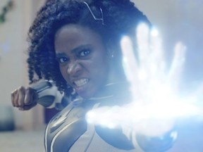 This image released by Disney shows Teyonah Parris as Captain Monica Rambeau in a scene from "The Marvels."