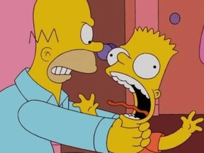 Homer Simpson strangles son Bart on The Simpsons.