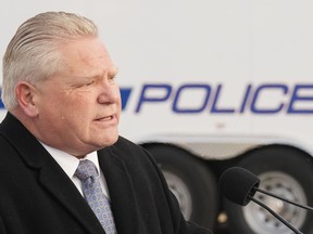 Ontario Premier Doug Ford speaks during a press conference at a Peel Regional police station in Mississauga, Ont., on Friday, November 24, 2023.