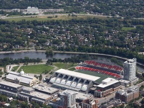 An aerial photo of Lansdowne Park, taken from a helicopter, Aug. 18, 2022.