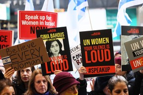 Protestors gather at the offices of the United Nations Women in New York City on Nov. 27, 2023.