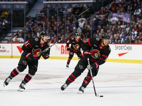 Mathieu Joseph of the Ottawa Senators skates with the puck against the Toronto Maple Leafs