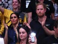 Meghan, Duchess of Sussex and Prince Harry, Duke of Sussex watch on during the Mixed Team Gold Medal match between Team Colombia and Team Poland during day six of the Invictus Games Düsseldorf 2023 on September 15, 2023 in Duesseldorf, Germany.