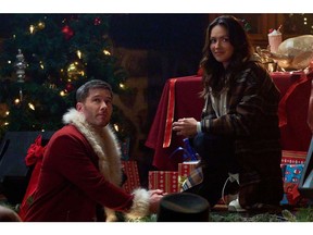 Still from Catch You If You Claus, a holiday film shot in Ottawa in 2023 starring Luke Macfarlane and Italia Ricci. For 1202 holiday movies by Peter Hum