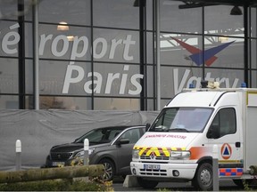 A rescue vehicle parks outside the Vatry airport, eastern France, Saturday, Dec. 23, 2023 in Vatry, eastern France. About 300 Indian citizens heading to Central America were sequestered in a French airport for a third day Saturday because of an investigation into suspected human trafficking, authorities said. The 15 crew members of the Legend Airlines charter flight en route from United Arab Emirates to Nicaragua were questioned and released, according to a lawyer for the small Romania-based airline.