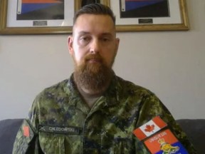 A screen shot of Maj. Stephen Chledowski appearing in uniform in a February 2022 online video accusing federal and provincial politicians of being traitors and describing the COVID-19 vaccine as “genocide.”