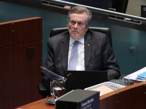 Mayor John Tory is pictured in City Hall's council chamber during the debate about Toronto's 2023 budget on Feb. 15, 2023. Tory's departure from office after a relationship with a staffer was one of the many lowlights of 2023.