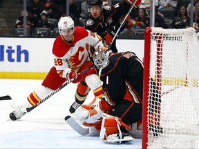 Elias Lindholm of the Calgary Flames takes a shot against Lukas Dostal of the Anaheim Ducks.
