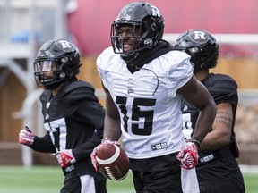 Ottawa Redblacks WR Dominique Rhymes smiles during training camp in 2019.