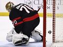 Ottawa Senators goaltender Joonas Korpisalo gives up a goal to the New Jersey Devils on Dec. 29, 2023.