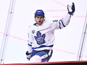 Toronto's William Nylander celebrates scoring during the NHL Global Series Sweden ice hockey match between Toronto Maple Leafs and Minnesota Wild.