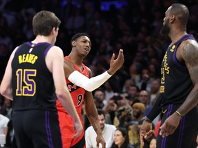 RJ Barrett #9 of the Toronto Raptors reacts to being called for a foul during the second half of a game against the Los Angeles Lakers at Crypto.com Arena on January 09, 2024 in Los Angeles, California.