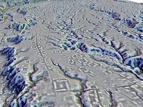 This LIDAR image provided by researchers in January 2024 shows complexes of rectangular platforms arranged around low squares and distributed along wide dug streets at the Kunguints site, Upano Valley in Ecuador.