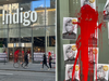 An Indigo store in downtown Toronto was plastered on Nov. 10, 2023, with red paint and posters accusing CEO Heather Reisman of "funding genocide."