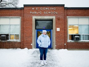 Stephanie Pieri, co-chair of the W.E. Gowling Public School council. Between two play structures in need of replacing, volunteers at the school face raising $310,000.