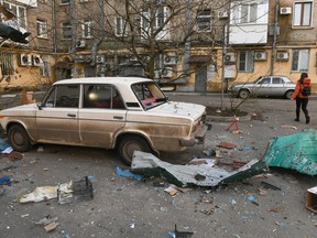 Aftermath of an overnight shelling in Donetsk, Russian-controlled Ukraine, amid the Russia-Ukraine conflict on January 1, 2024.