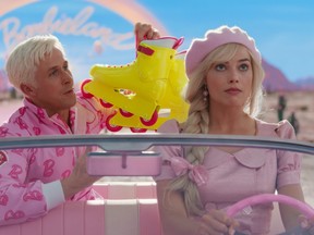Ryan Gosling, left, and Margot Robbie in "Barbie."