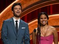 Zazie Beetz (right) and Jack Quaid announce the nominees for the 96th Academy Awards at the Samuel Goldwyn Theater in Beverly Hills, California, on January 23, 2024.
