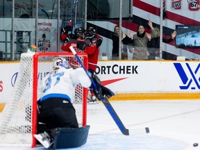 Ottawa forward Mikyla Grant-Mentis (13), forward Gabbie Hughes (17) and forward Emily Clark (26) celebrate Clark's goal as Toronto goalie Erica Howe digs a puck out of the net during the first period at TD Place Arena on Tuesday, Jan. 23, 2024.