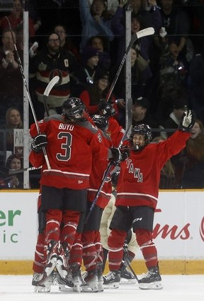 Ottawa celebrates its first goal ever Tuesday night in its PWHL home opener against Montreal.
