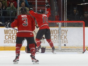 Ottawa celebrates its first goal ever Tuesday night in its PWHL home opener against Montreal.