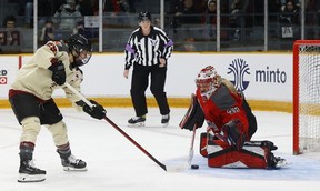 Ottawa goalie Emerance Maschmeyer stops Montreal's Marie-Philip Poulin's penalty shot during the second period on Tuesday night at TD Place Arena.