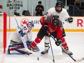 Ottawa forward Emily Clark and Boston defender Emily Brown fight for control of the puck during the at TD Place Arena on Wednesday, Jan. 24, 2024.