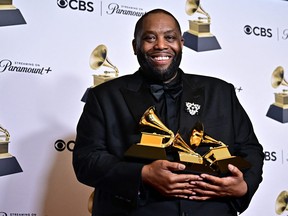 US rapper Killer Mike poses in the press room with the Grammy for Best Rap Performance, Best Rap Album and Best Rap Song during the 66th Annual Grammy Awards at the Crypto.com Arena in Los Angeles on February 4, 2024.