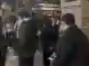 A screenshot from video posted to X of protesters outside Mount Sinai Hospital in Toronto on Monday, Feb. 12, 2024.
