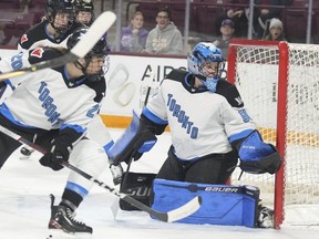 Toronto goalie Kristen Campbell is beaten for Minnesota's first goal during the first period of a WPHL hockey game on Feb. 27, 2024, in Minneapolis.