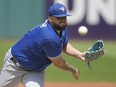 Toronto Blue Jays' Alek Manoah pitches in the first inning of a baseball game against the Cleveland Guardians Thursday, Aug. 10, 2023, in Cleveland.