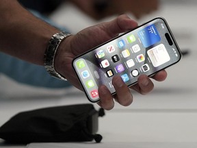 The iPhone 15 Pro is shown after its introduction on the Apple campus, Sept. 12, 2023, in Cupertino, Calif.