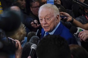 Dallas Cowboys owner Jerry Jones speaks to reporters following an NFL game between the Cowboys and the Green Bay Packers, Sunday, Jan. 14, 2024, in Arlington, Texas.