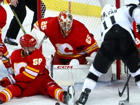 Calgary Flames goalie Jacob Markstrom looks to make a stop against the L.A. Kings.
