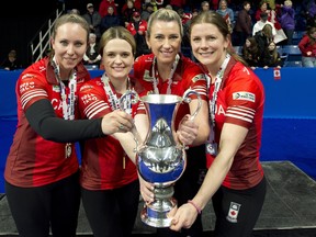 From left: Team Canada skip Rachel Homan, Tracy Fleury, Emma Miskew and Sara Wilkes celebrate winning the World Women's Curling Championship.