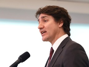 Prime Minister Justin Trudeau addresses the media during a visit to the Labelle Innovation and Learning Centre at Health Sciences North in Sudbury, Ont. on Friday March 1, 2024.