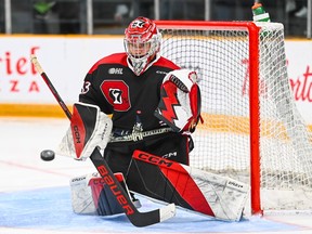 Ottawa 67's goalie Collin Mackenzie stopped 20 shots in the Ottawa net against the Mississauga Steelheads at the Arena at TD Place on March 10, 2024.