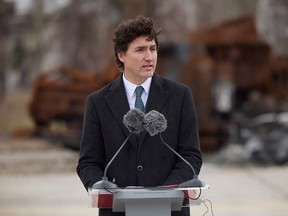In this handout photograph taken and released by Ukrainian Presidential Press Service on February 24, 2024, Prime Minister Justin Trudeau speaks during a ceremony marking the second anniversary of the Russian invasion of Ukraine in Hostomel, Kyiv region.