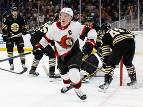 Ottawa Senators captain Brady Tkachuk celebrates his goal against the Boston Bruins during the second period at the TD Garden.