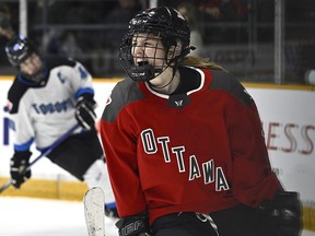 Ottawa's Daryl Watts celebrates a goal against Toronto during second period PWHL hockey action in Ottawa on Saturday, March 23, 2024.