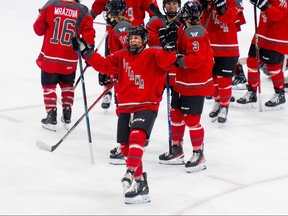 Former Ottawa forward Lexie Adzija (88) and fellow teammates celebrate a 3-1 victory over the PWHL Toronto following third period regular season hockey action at TD Place in Ottawa, on Tuesday, Jan. 23, 2024.