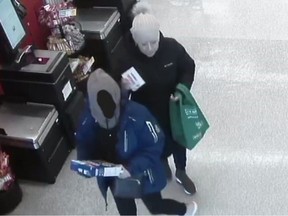 Lanark OPP released these security camera image of two woman they believe were involved in a Feb. 20 theft on McNeely Street in Carleton Place. The one female's face is obscured because police believe she is a minor, but they hope her clothing can help identify her.