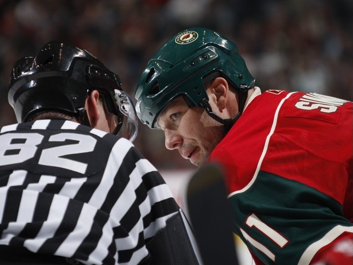  Chris Simon talks to an official while with the Minnesota Wild in March 2008. He had 1,824 penalty minutes in his NHL career, which currently has him 67th on the all-time list.