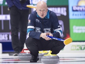 Team Alberta-Koe skip Kevin Koe during draw 11 against team Nova Scotia on March 5, 2024 in Regina.